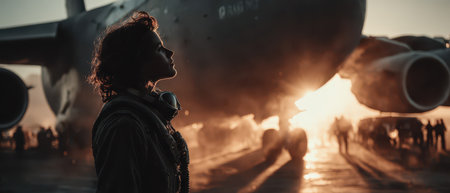 A pilot stands in silhouette against a large aircraft watching the sunset while surrounded by crew and activity creating a striking scene.の素材