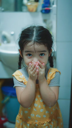 A young girl in a yellow dress stands in a bathroom giggling while covering her mouth with her hands her hair damp from splashes.の素材