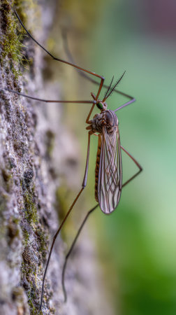 A detailed view of a delicate insect perched on a moss covered surface showcasing its long legs and intricate wing patterns in a natural setting.の素材