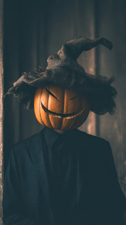 A figure in dark clothing wears a carved pumpkin head with a sinister smile set against a dimly lit backdrop evoking a spooky atmosphere.の素材