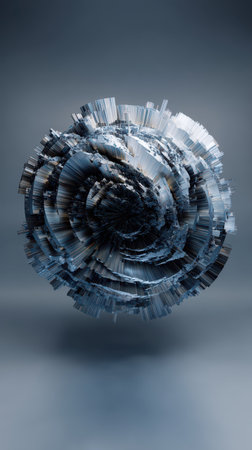 A unique 3D formation floats in space showcasing intricate patterns and gradients of blue and gray creating a sense of depth and motion.の素材