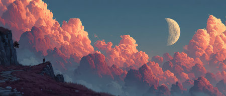 A figure stands on a rocky path gazing at vibrant pink clouds illuminated by a glowing crescent moon during twilight hours.の素材