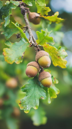 Acorns developing on an oak tree branch during autumn with green leaves providing a natural backdrop.の素材