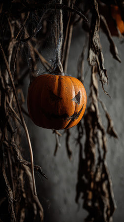 A carved pumpkin with a mischievous face dangles from dry vines showcasing a spooky autumn atmosphere perfect for Halloween.の素材