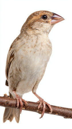 A small bird with soft brown feathers rests on a slender branch showcasing its delicate features and curious expression against a plain background.の素材