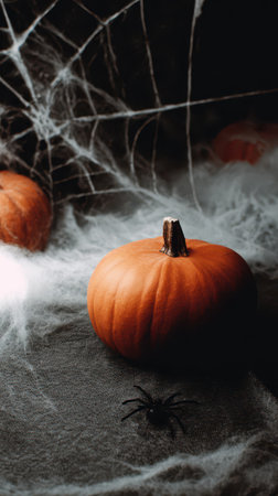 Orange pumpkins are placed on a dark surface covered with cobwebs and fog setting a mysterious Halloween atmosphere.の素材