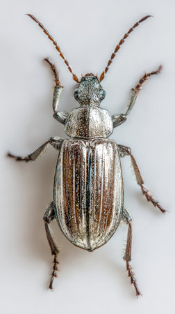 A shiny metal beetle displays its intricate features and texture against a smooth white surface showcasing its unique coloration and form.の素材