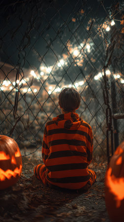 A child sits quietly in striped pajamas watching glowing pumpkins by a fence while Halloween lights illuminate the night.の素材