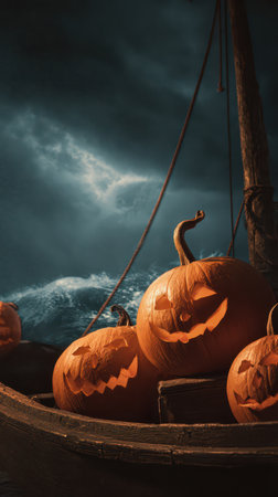 Carved pumpkins rest on a boat surrounded by dark storm clouds and choppy waves. The eerie atmosphere enhances the Halloween spirit.の素材
