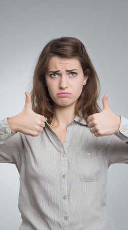 A woman with brown hair is showing thumbs up while expressing disappointment. She is in front of a neutral background.の素材