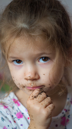 A young girl with messy hands and face looks inquisitively at the camera after enjoying some outdoor playtime in the dirt.の素材