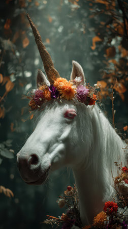 A graceful unicorn adorned with a floral crown stands amidst an enchanted forest filled with colorful flowers and autumn leaves.の素材