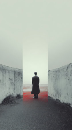 A figure in a long coat stands at a narrow passageway gazing ahead into a foggy expanse.の素材