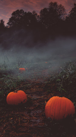 A foggy pathway is lined with bright orange pumpkins as twilight descends creating an eerie yet enchanting atmosphere in nature.の素材