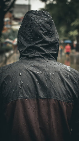A lone figure stands under gray clouds wearing a dark wet jacket.の素材