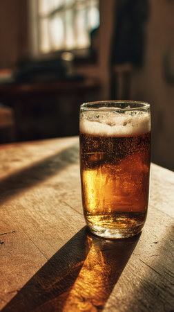 A glass of foamy brown drink sits on a wooden table illuminated by warm afternoon light streaming through a window.の素材