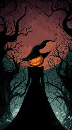 A haunting figure wearing a witch hat and a glowing pumpkin head stands amidst dark trees at twilight exuding an eerie atmosphere.の素材