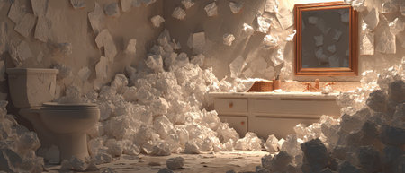 A bathroom is overwhelmed with crumpled white papers scattered on the floor and walls creating a chaotic and cluttered atmosphere.の素材