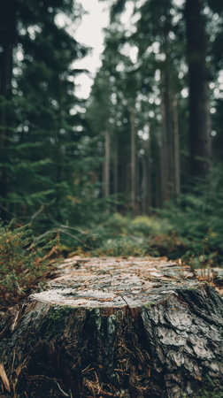 A close up view of a tree stump surrounded by lush greenery in a tranquil forest. The atmosphere is calm and peaceful.の素材