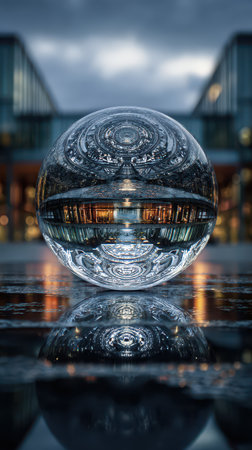 A crystal sphere sits on a reflective surface capturing the glow of lights and architectural details as the sun sets in the background.の素材