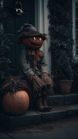 A scarecrow with a pumpkin head is seated on stone steps adorned with straw and wearing rustic clothing. It is surrounded by fall decor.の素材