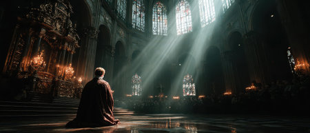 Soft light streams through stained glass as a figure kneels in prayer surrounded by candles and an attentive congregation in the cathedral.の素材