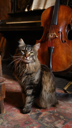 A fluffy tabby cat poses elegantly near a rustic cello in a dimly lit room showcasing a cozy and artistic atmosphere.の素材