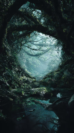 A magical forest scene features dense greenery winding trees and a misty atmosphere. Sunlight filters through branches creating a serene view.の素材