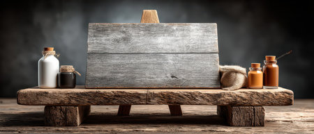A rustic wooden table showcases various jars and bottles filled with different contents creating an inviting and artisanal atmosphere.の素材