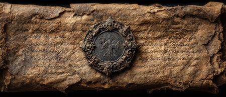 An old document featuring ornate writing and a decorative seal sits on weathered parchment showcasing historical craftsmanship and age.の素材