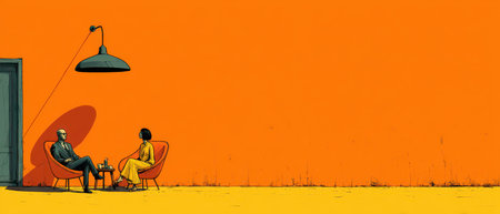 Two individuals sit in stylish chairs having a conversation in a bright orange room with minimal decor and a large pendant light.の素材