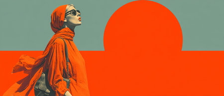 A stylish woman in a vibrant orange outfit stands against a large bold orange and gray background while wearing chic sunglasses.の素材
