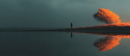 A lone figure stands near still waters reflecting a vibrant tree at dusk. The tranquil atmosphere creates a sense of peace and introspection.の素材