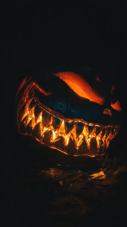 A creatively carved pumpkin with sharp teeth glows warmly in the darkness showcasing Halloween spirit and artistry at night.の素材