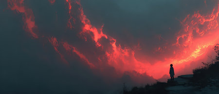 A figure stands alone on a rocky path gazing at vibrant red clouds during twilight creating a mesmerizing contrast with the darkening sky.の素材