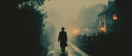 A solitary man in a long coat and hat strolls down a dimly lit road surrounded by fog with old houses illuminated by warm lights.の素材