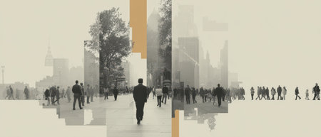 Crowds of people navigate busy city streets surrounded by skyscrapers creating a lively atmosphere in the urban landscape.の素材