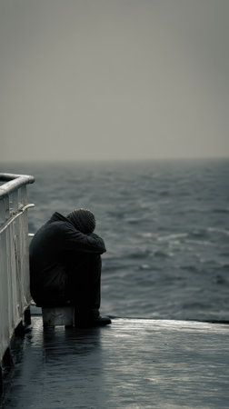 A person sits alone on a boat looking out over rough seas. The weather is gloomy with dark clouds above and waves crashing below.の素材