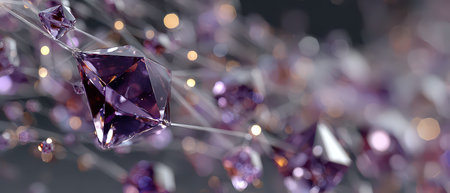 Shimmering purple crystals sparkle in soft light creating an enchanting display of colors and shapes in an artistic arrangement.の素材