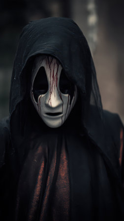 A cloaked figure stands shrouded in darkness wearing a haunting mask with red streaks. The atmosphere is tense and ominous suggesting mystery.の素材