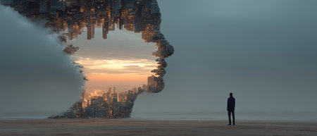 A person stands on a beach gazing at a surreal skyline emerging from a profile shaped cloud during sunset evoking mystery and wonder.の素材