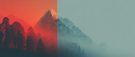 Majestic mountains contrast warm reds and oranges on one side with cool blues and greens on the other.の素材