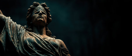 A striking statue of Justice stands with a blindfold showing intricate details under soft dramatic lighting that highlights its features.の素材