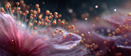 Bright and vibrant flower petals display delicate structures in a close up view. Tiny pollen grains burst into focus under soft lighting.の素材