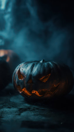 A carved pumpkin with a menacing face glows warmly against a dark smoky background creating a Halloween atmosphere.の素材