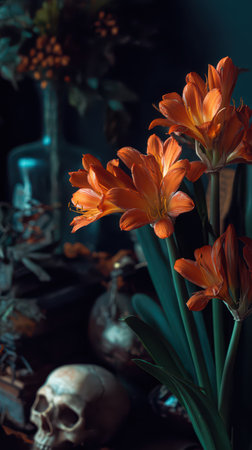 Bright orange flowers stand out against a dark background filled with decorative objects creating a striking contrast in the atmosphere.の素材