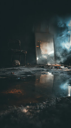 Smoke lingers in an empty room with a cracked mirror and water puddles depicting remnants of a fire and quiet desolation.の素材