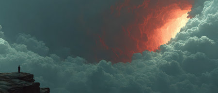 A person stands on a rocky ledge gazing at dramatic clouds illuminated by a fiery sunset creating a breathtaking atmosphere of wonder.の素材