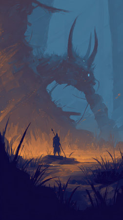 A lone warrior stands in a dim marsh facing a massive dragon illuminated by an orange glow creating an atmosphere of tension and anticipation.の素材