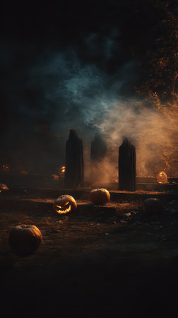 In a dark graveyard mysterious figures loom among fog while carved pumpkins glow creating an unsettling Halloween atmosphere.の素材